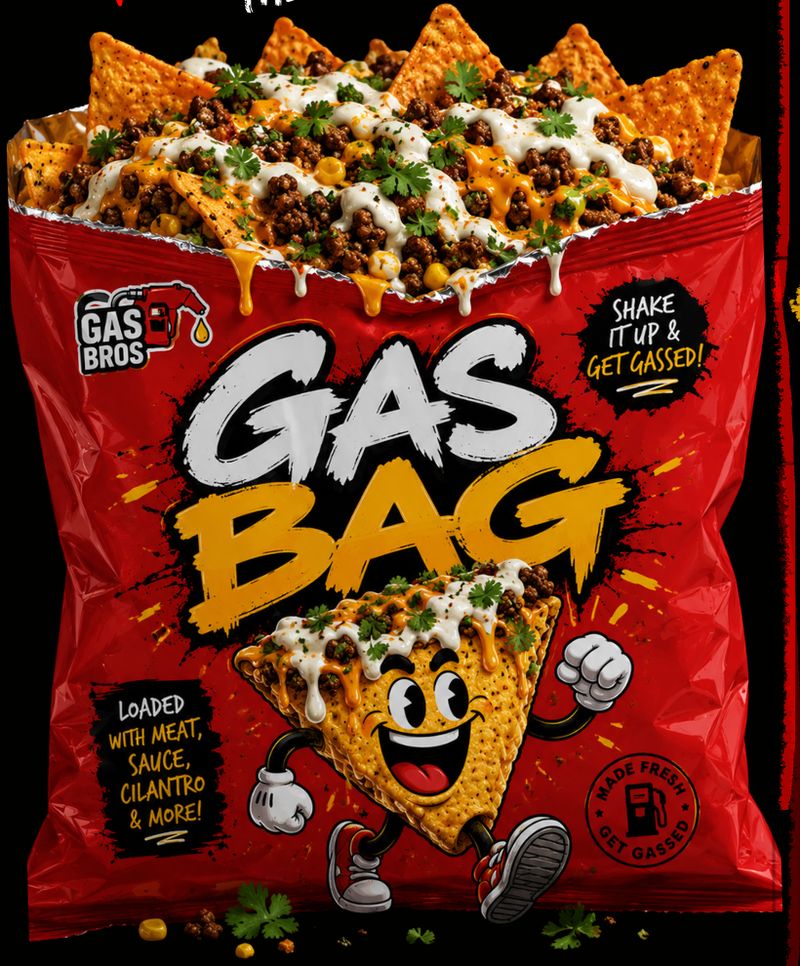 A Gas Bag: a red chip bag loaded with ground beef, cheese, corn, cilantro and sauce