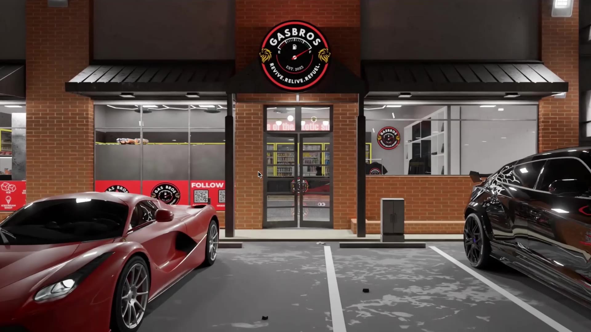 The Gas Bros storefront at night with a red supercar parked out front